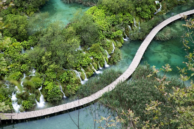 Plitvice Lakes National Park aerial view with wooden boardwalks and turquoise cascading lakes surrounded by forest
